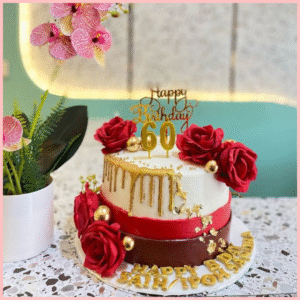 red rose golden drip 60th cake