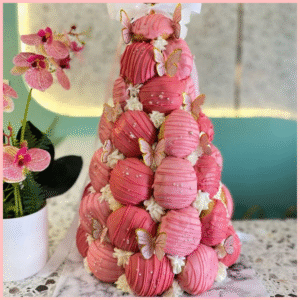 pink butterfly choux tower